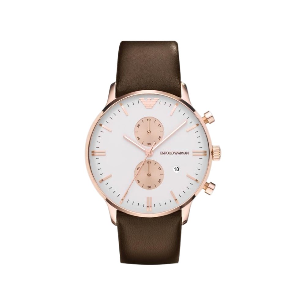 Emporio Armani Gianni AR0398 Men's 43mm Rose-Gold Chronograph White Dial Brown Leather| Emporio Armani Gianni AR0398VERSE