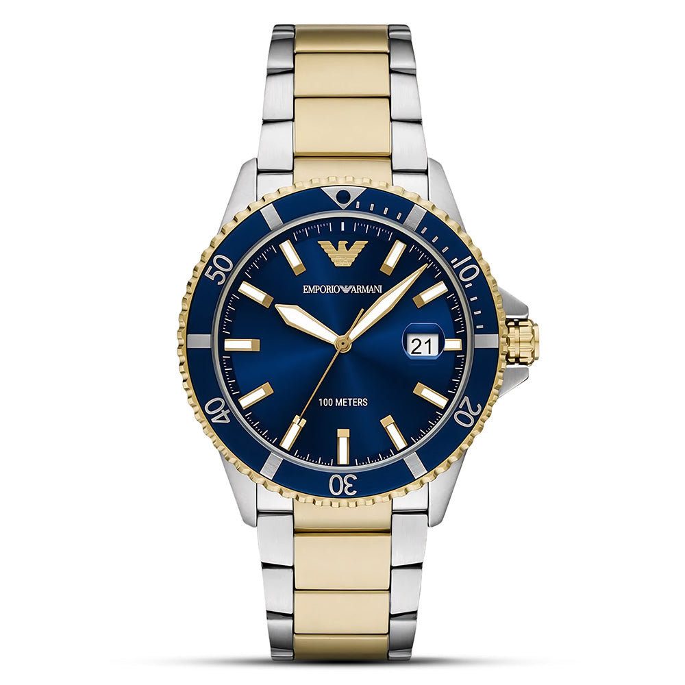 Emporio Armani World Explorer AR11682 Marine Blue Dial Two-Tone Stainless Steel Men's 100M Watch