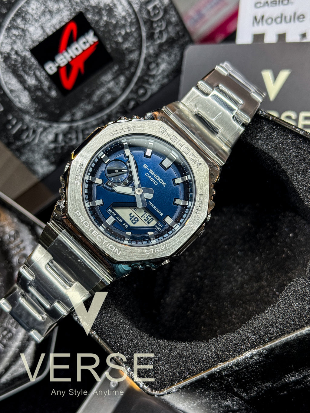 Casio G - SHOCK GM - 2110D - 2B Stainless Steel Octagonal Watch – Blue Dial - VERSE - 