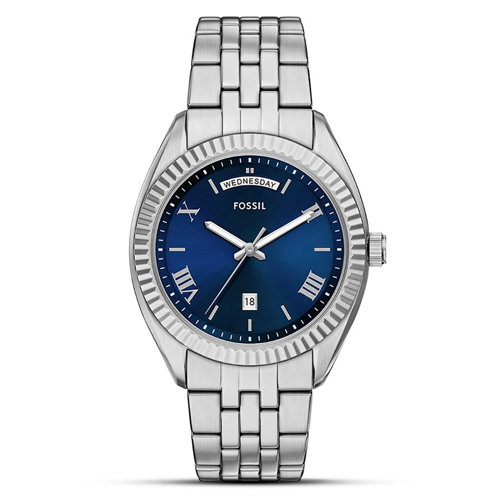 Fossil Campbell FS6140 navy blue sunray dial stainless steel men's Day-Date watch