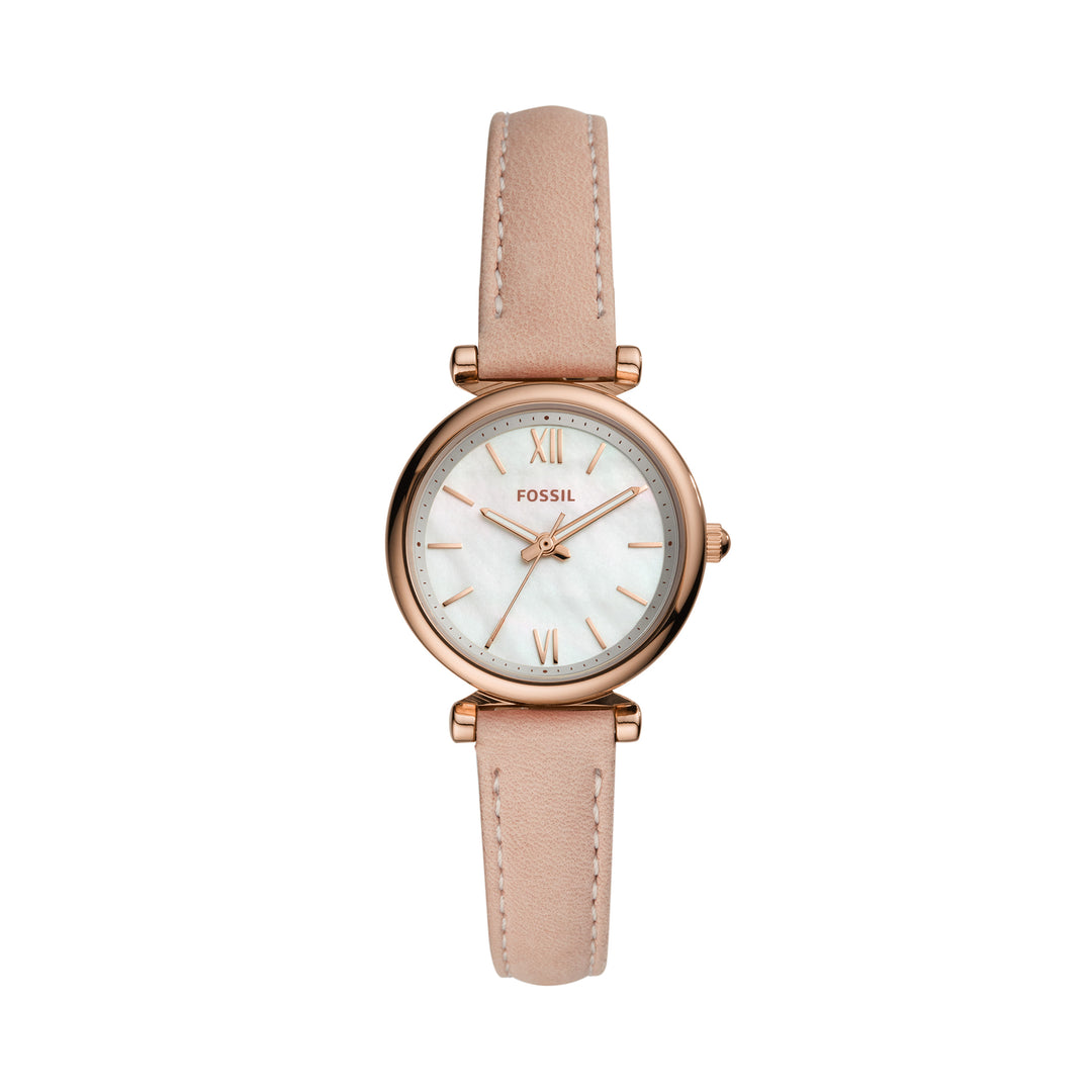Fossil Carlie Mini ES4699 white mother-of-pearl dial rose gold-tone case blush pink leather women's watch