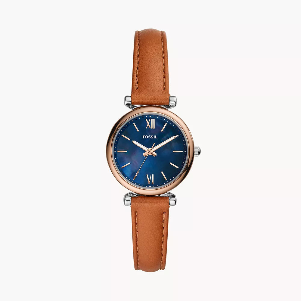 Fossil Carlie Mini ES4701 blue mother-of-pearl dial rose gold-tone case tan leather women's watch