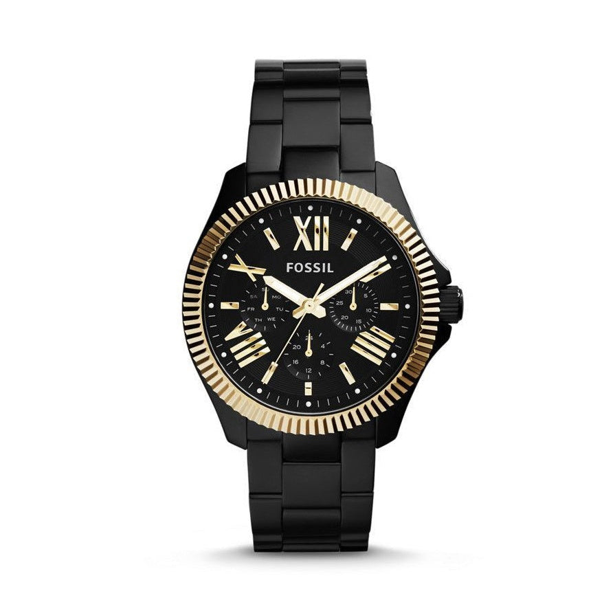 Fossil Cecile AM4606 matte black dial gold-tone accents black ion-plated stainless steel multifunction women's watch