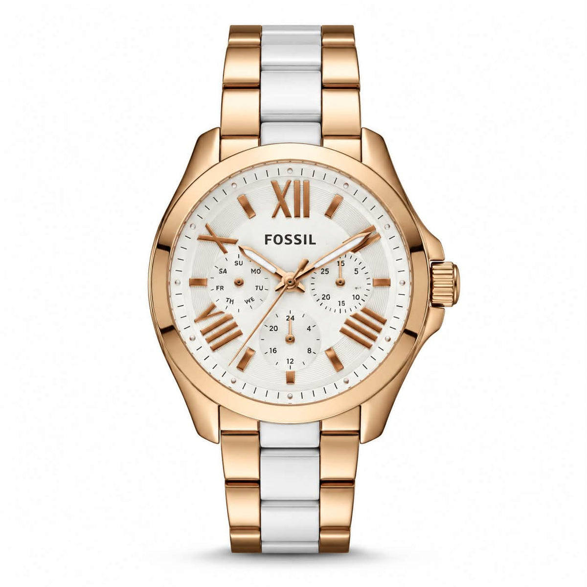 Fossil Cecile Multifunction AM4546 silver-white dial rose gold-tone two-tone stainless steel women's watch