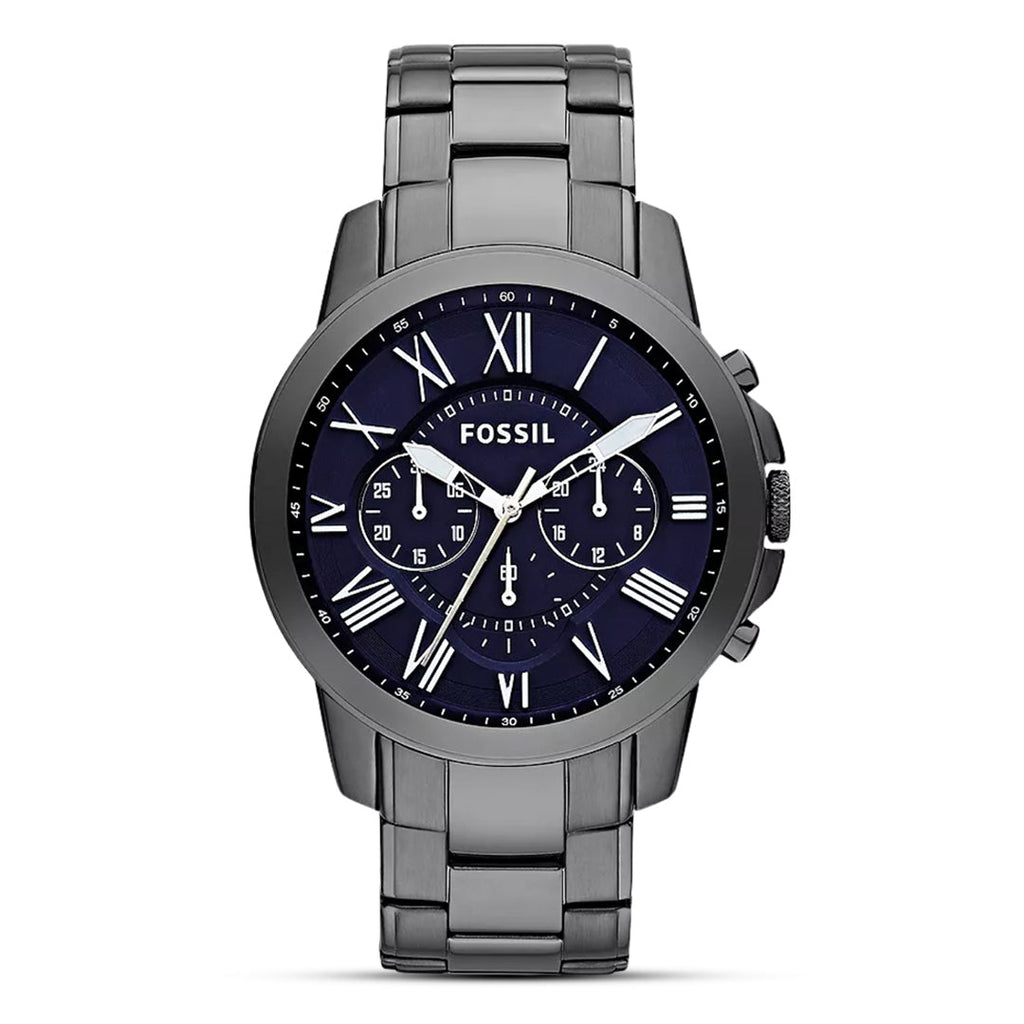 Fossil Grant FS4831 smoke-toned stainless steel men's chronograph watch with midnight blue dial