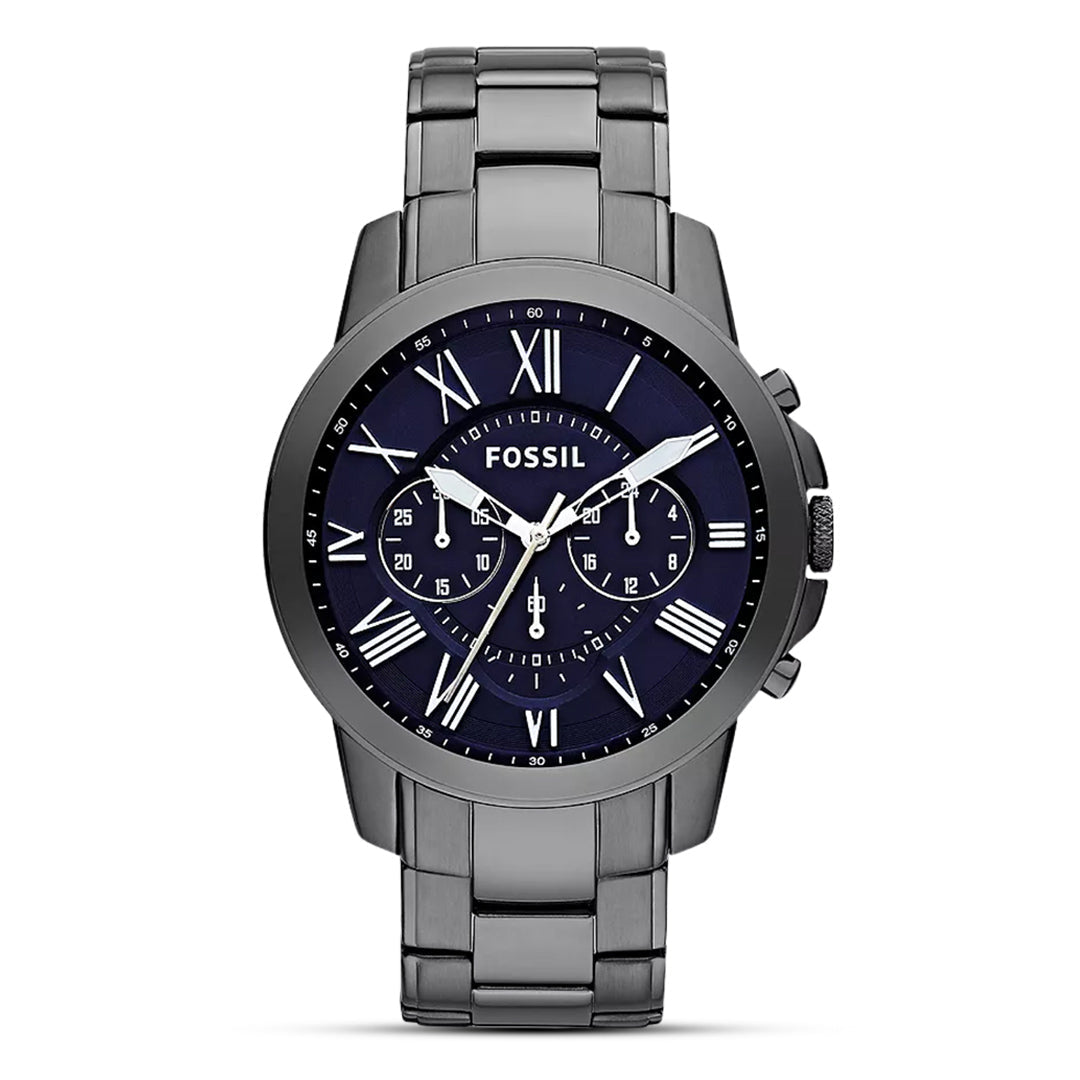 Fossil Grant FS4831 smoke-toned stainless steel men's chronograph watch with midnight blue dial