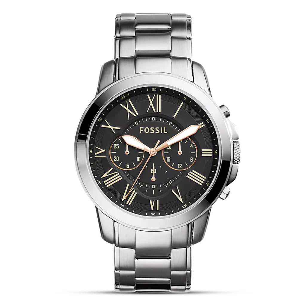 Fossil Grant FS4994 black dial men's chronograph watch with rose gold-tone Roman numerals and stainless steel bracelet