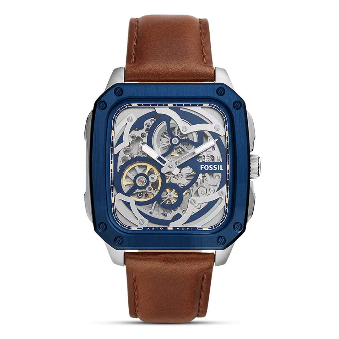 Fossil Inscription BQ2571 smoke blue open-heart skeleton dial silver stainless steel case cognac brown leather automatic men's watch
