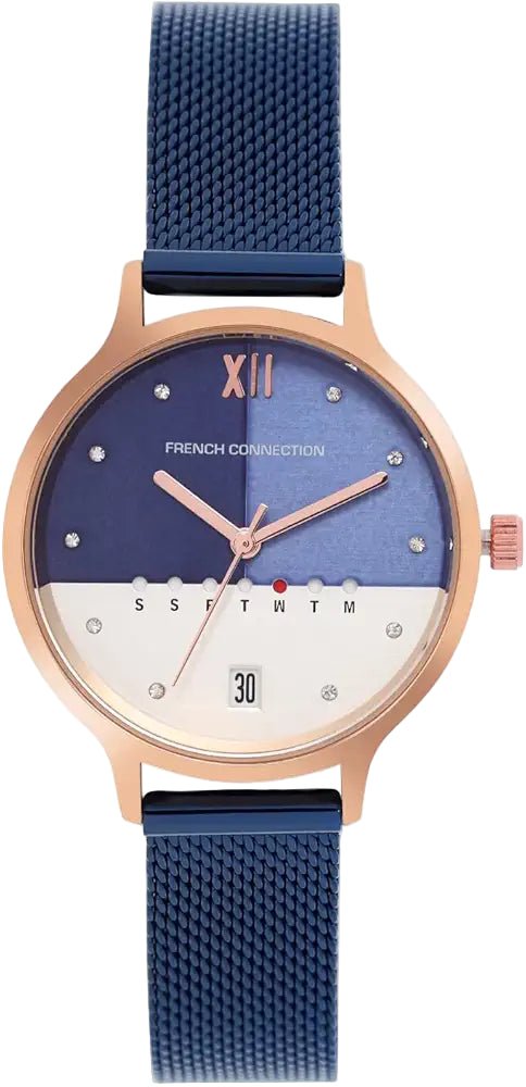 French Connection FC26URGM Women’s Two-Tone Blue & White Dial Watch with Blue Mesh Strap| French Connection FC26URGM
