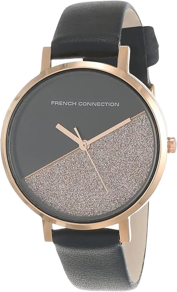 French Connection FCN0008A-R Women’s Black Glitter Dial Watch with Black Leather Strap| French Connection FCN0008A-R