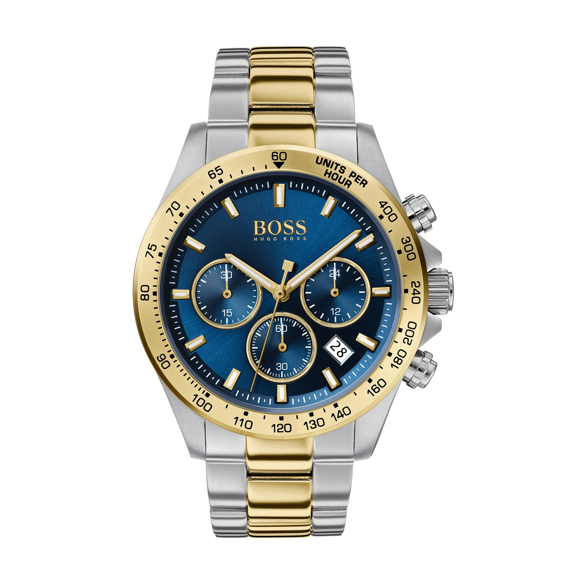 Hugo Boss Hero Sport Lux 1513767 navy blue sunray dial two-tone silver and gold stainless steel men's chronograph watch