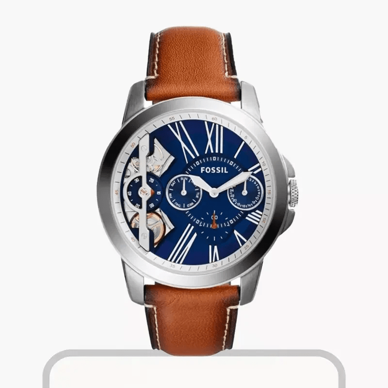 Fossil Grant ME1161 Men’s 44 mm Silver Chronograph – Navy Dial & Brown Leather - VERSE - 