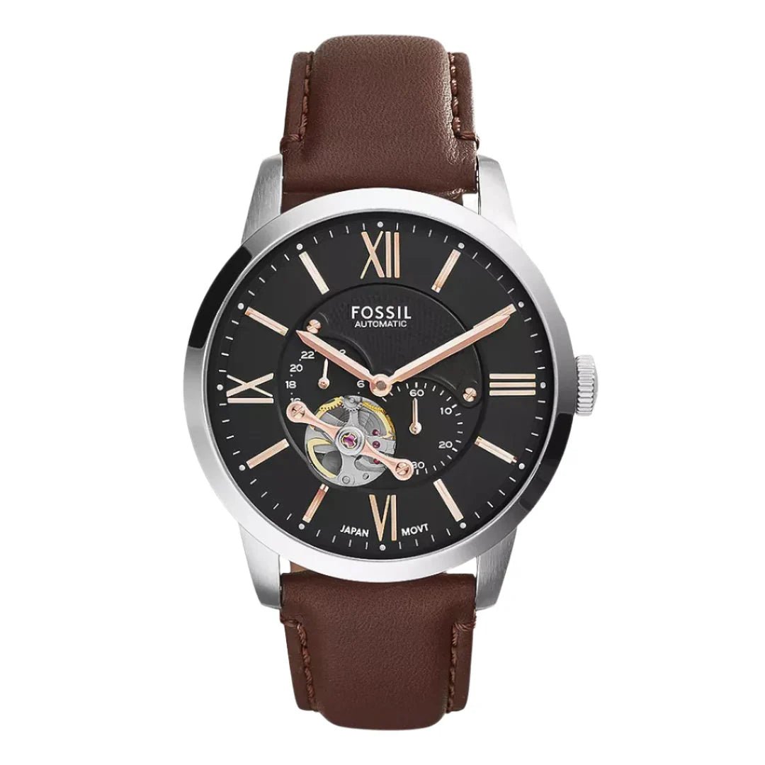 Fossil Townsman ME3061 Men’s 44 mm Automatic Skeleton Watch – Black Dial & Brown Leather - VERSE - 