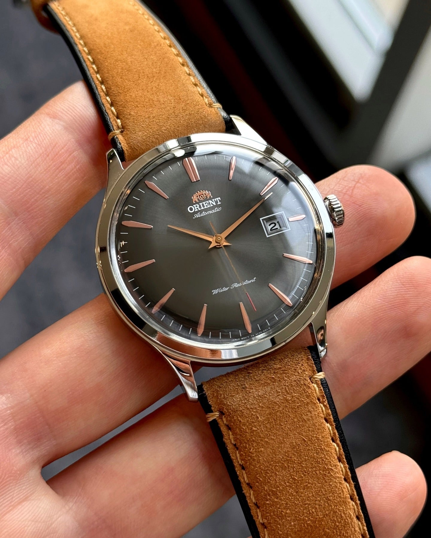 Orient Bambino Version 4 Automatic Watch – Grey Sunburst Dial with Rose Gold Markers (FAC08004D0) - VERSE - 