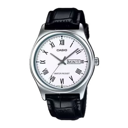 Casio V006L - 7B Men’s 38 mm Quartz Analog Watch – White Dial & Black Leather Strap - VERSE - 