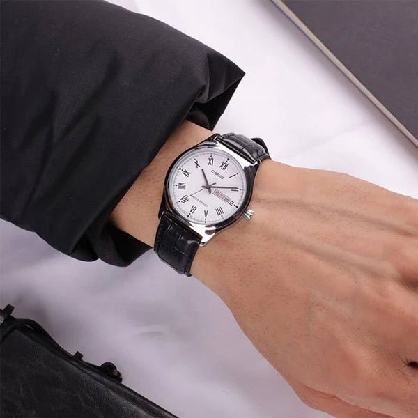 Casio V006L - 7B Men’s 38 mm Quartz Analog Watch – White Dial & Black Leather Strap - VERSE - 