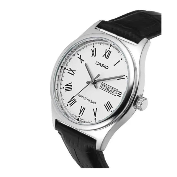 Casio V006L - 7B Men’s 38 mm Quartz Analog Watch – White Dial & Black Leather Strap - VERSE - 