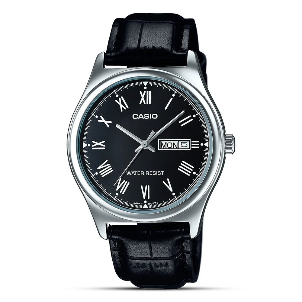 Casio V006L - 1B Men’s 40 mm Quartz Analog Watch – Black Dial & Leather Strap - VERSE - 