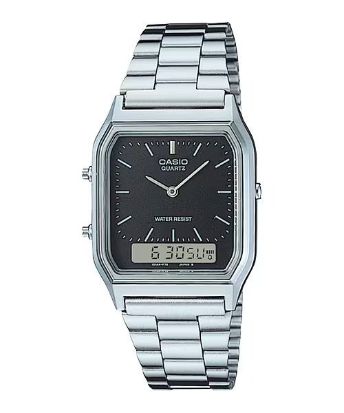 Casio AQ - 230A - 1DMQ Men’s 34 mm Quartz Analog - Digital Watch – Black Dial & Stainless Steel Bracelet - VERSE - 