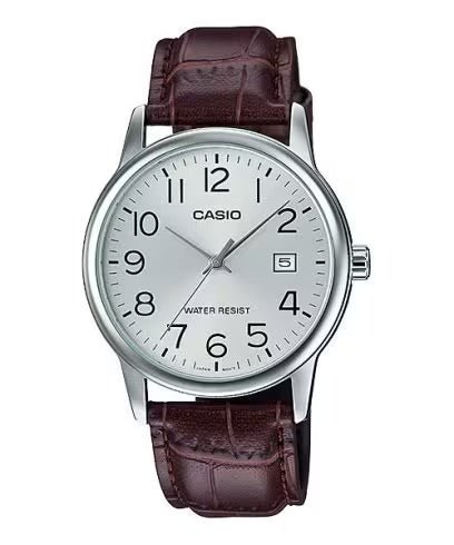 Casio MTP - V002L - 7B2 Men’s Brown Leather Watch with White Dial | MTP - V002L - 7B2 - VERSE - 