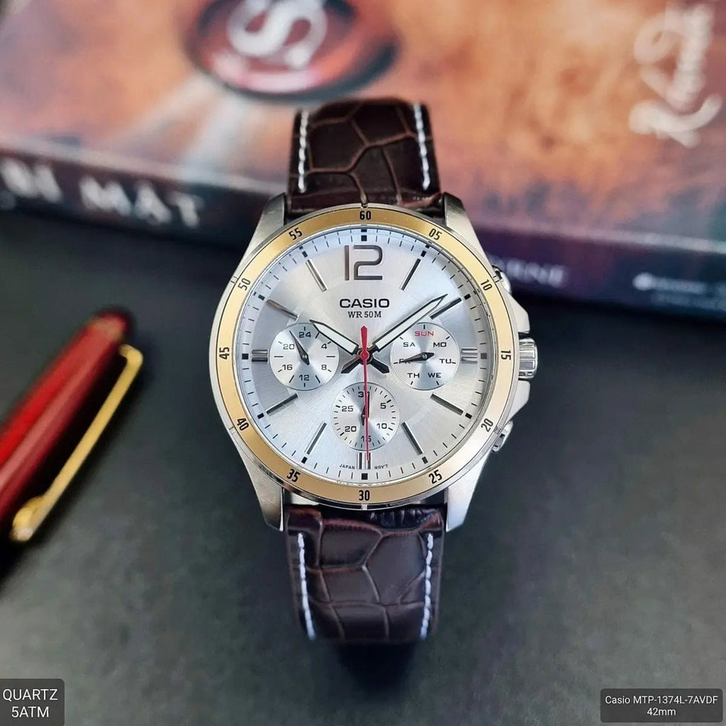Casio 1374L - 7A Men’s Brown Leather Watch with White Dial | 1374L - 7A - VERSE - 