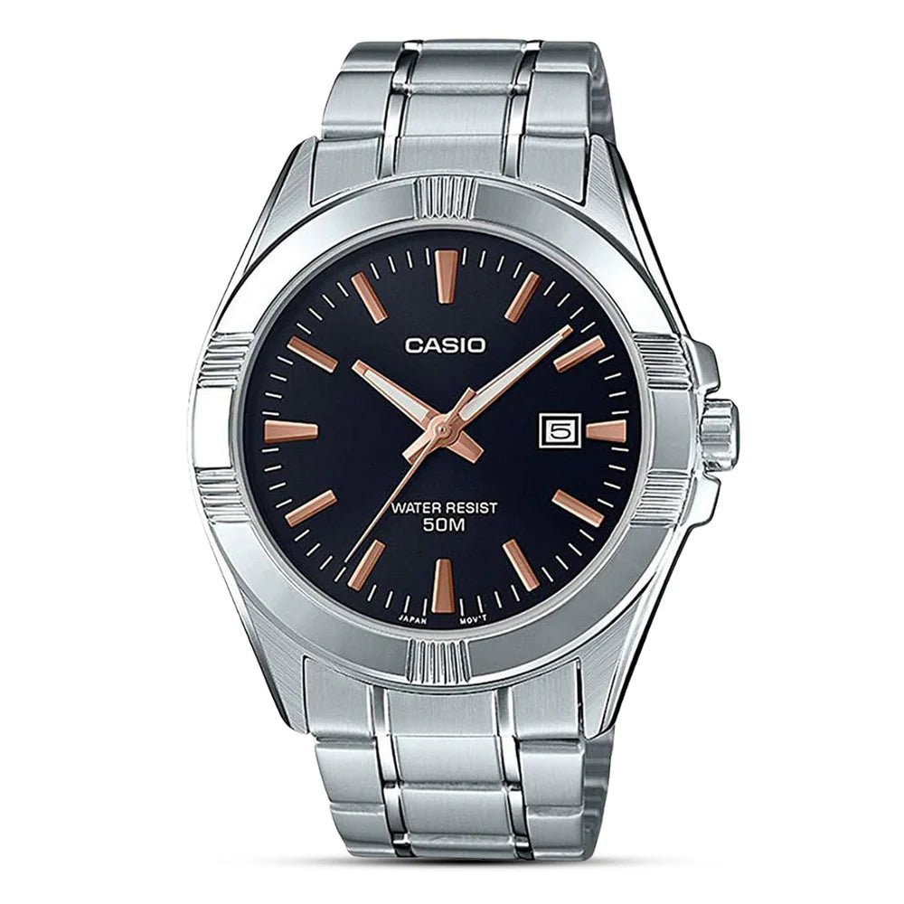 Casio MTP - 1308D - 1A2 Men’s Silver Stainless Steel Watch with Black Dial | MTP - 1308D - 1A2 - VERSE - 