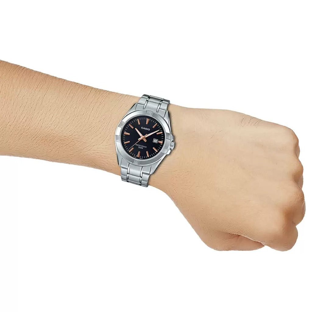 Casio MTP - 1308D - 1A2 Men’s Silver Stainless Steel Watch with Black Dial | MTP - 1308D - 1A2 - VERSE - 