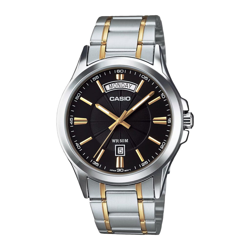 Casio MTP - 1381G - 1A Men’s Two - Tone Gold and Silver Watch with Black Dial | Casio MTP - 1381G - 1A - VERSE - 