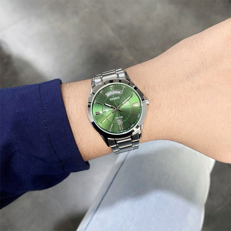 Casio MTP - 1381D - 3A Men’s Silver Stainless Steel Watch with Green Dial| Casio MTP - 1381D - 3A - VERSE - 