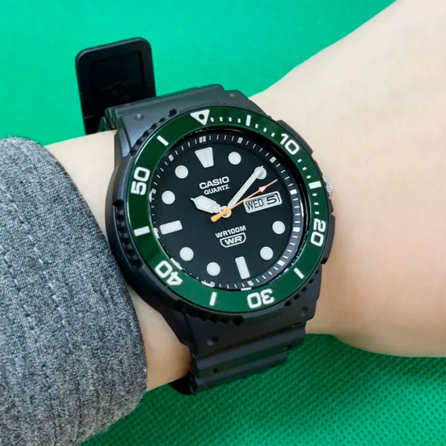 Casio MRW - 230H - 1E3V Men’s Black Resin Watch with Black Dial and Green Bezel| Casio MRW - 230H - 1E3V - VERSE - 