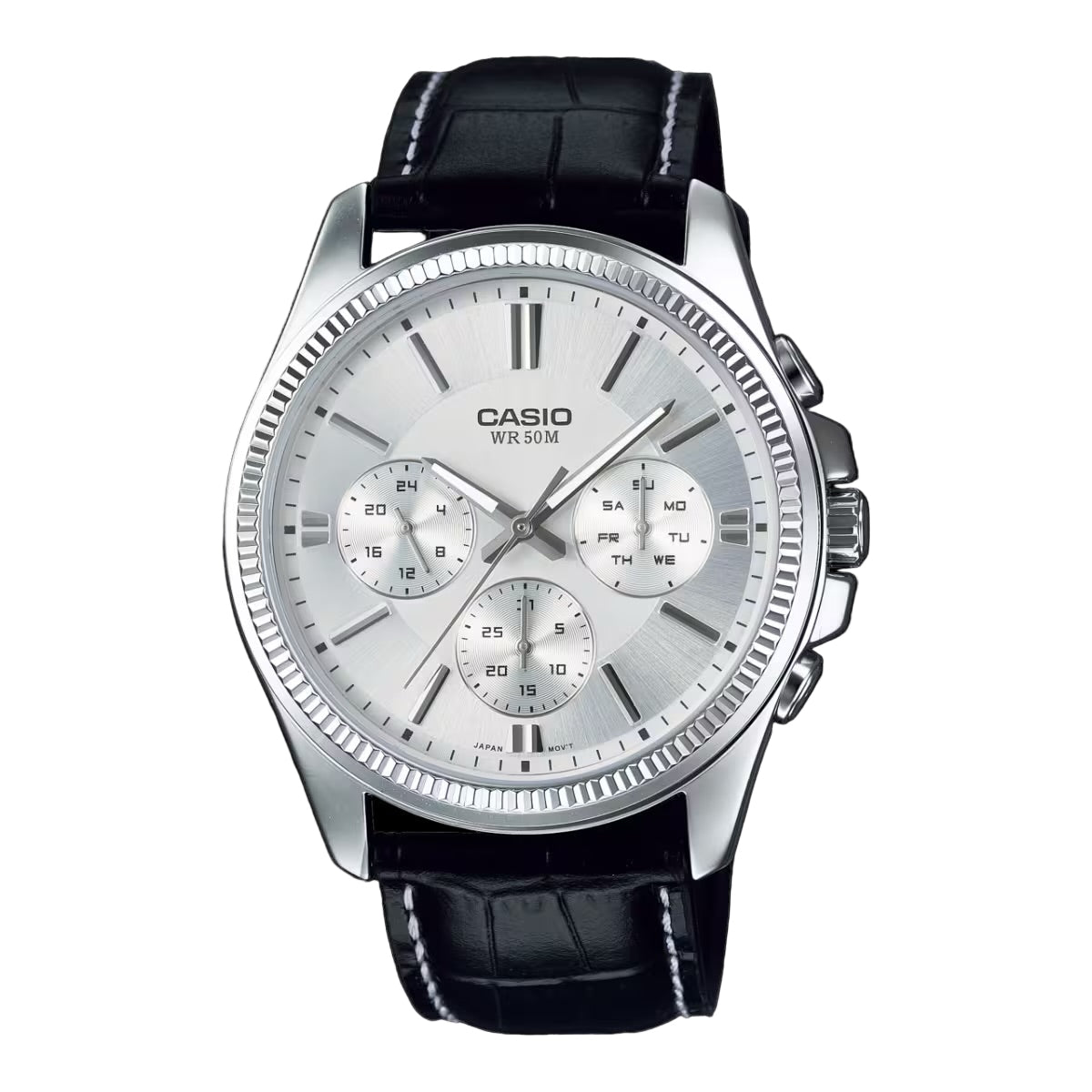 Casio MTP - 1375L - 7AV Men’s 43 mm Chronograph – White Dial & Black Leather Strap - VERSE - 