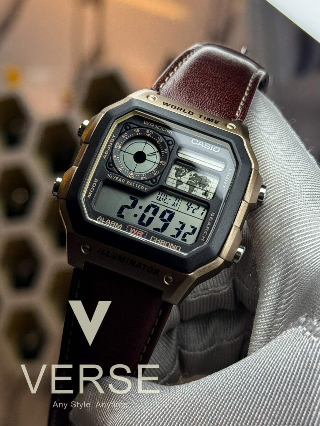 Casio AE - 1200WHL “Royale Leather” World Time Digital Watch – Brown Strap - VERSE - 