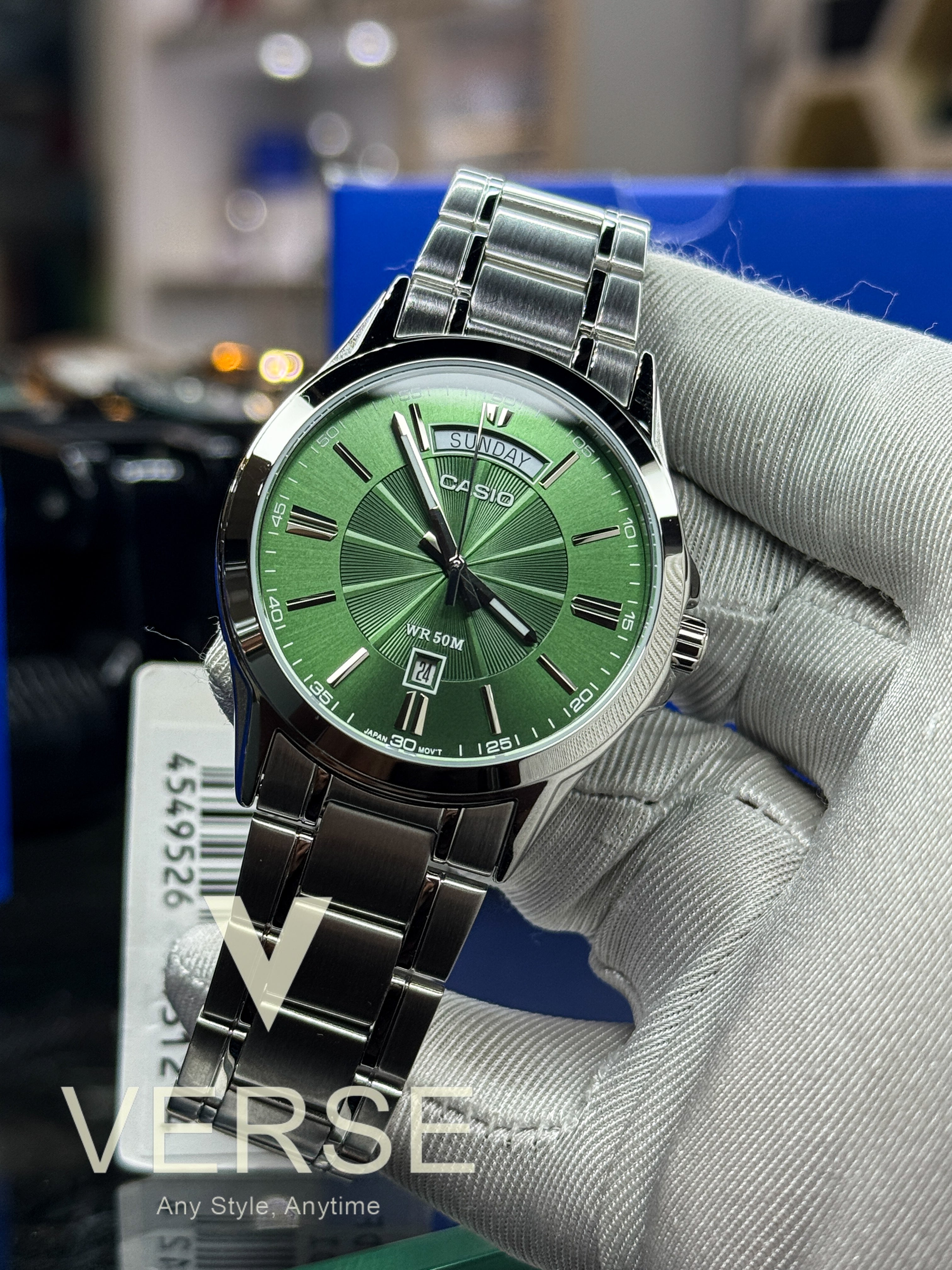 Casio MTP - 1381D - 3A Men’s Silver Stainless Steel Watch with Green Dial| Casio MTP - 1381D - 3A - VERSE - 