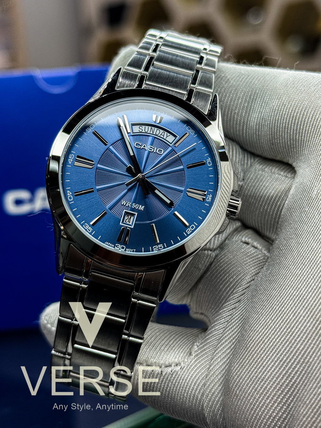 Casio MTP - 1381D - 2A Men’s Silver Stainless Steel Watch with Blue Dial| Casio MTP - 1381D - 2A - VERSE - 