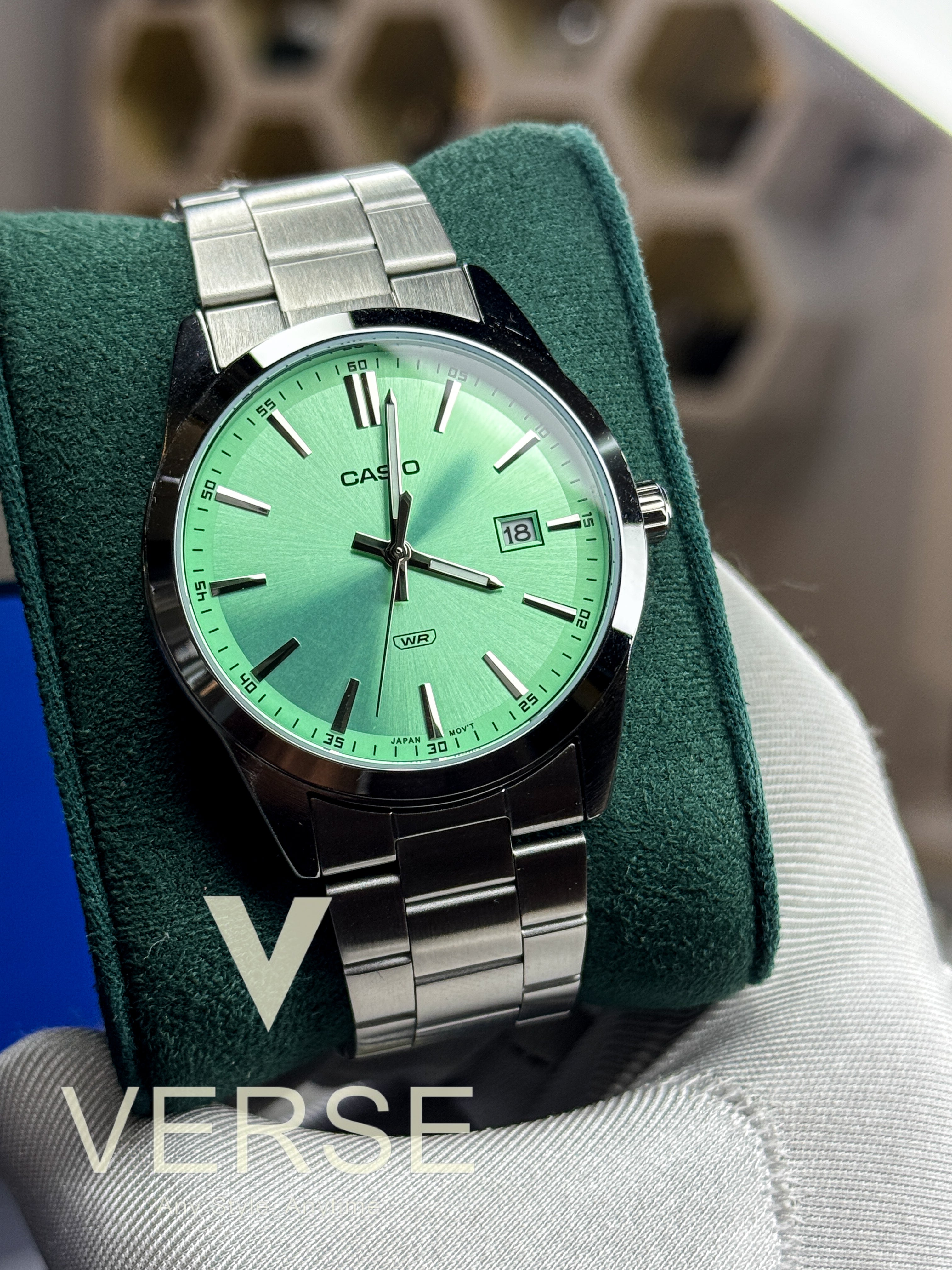Casio MTP - VD03D - 3A2 Men’s Silver Stainless Steel Watch with Mint Green Dial| Casio MTP - VD03D - 3A2 - VERSE - 