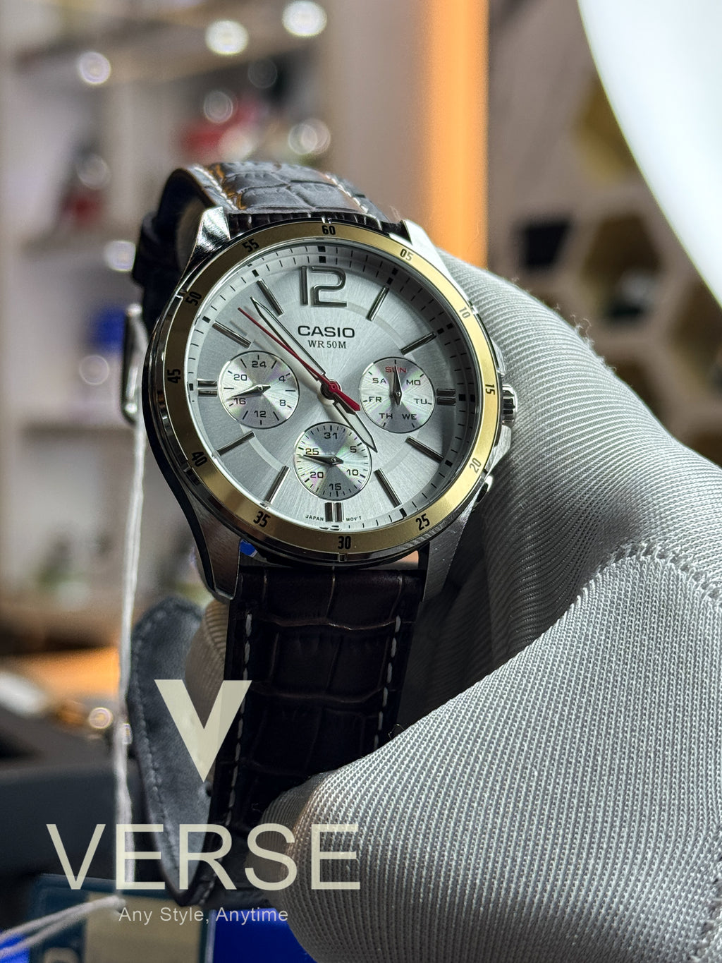 Casio 1374L - 7A Men’s Brown Leather Watch with White Dial | 1374L - 7A - VERSE - 
