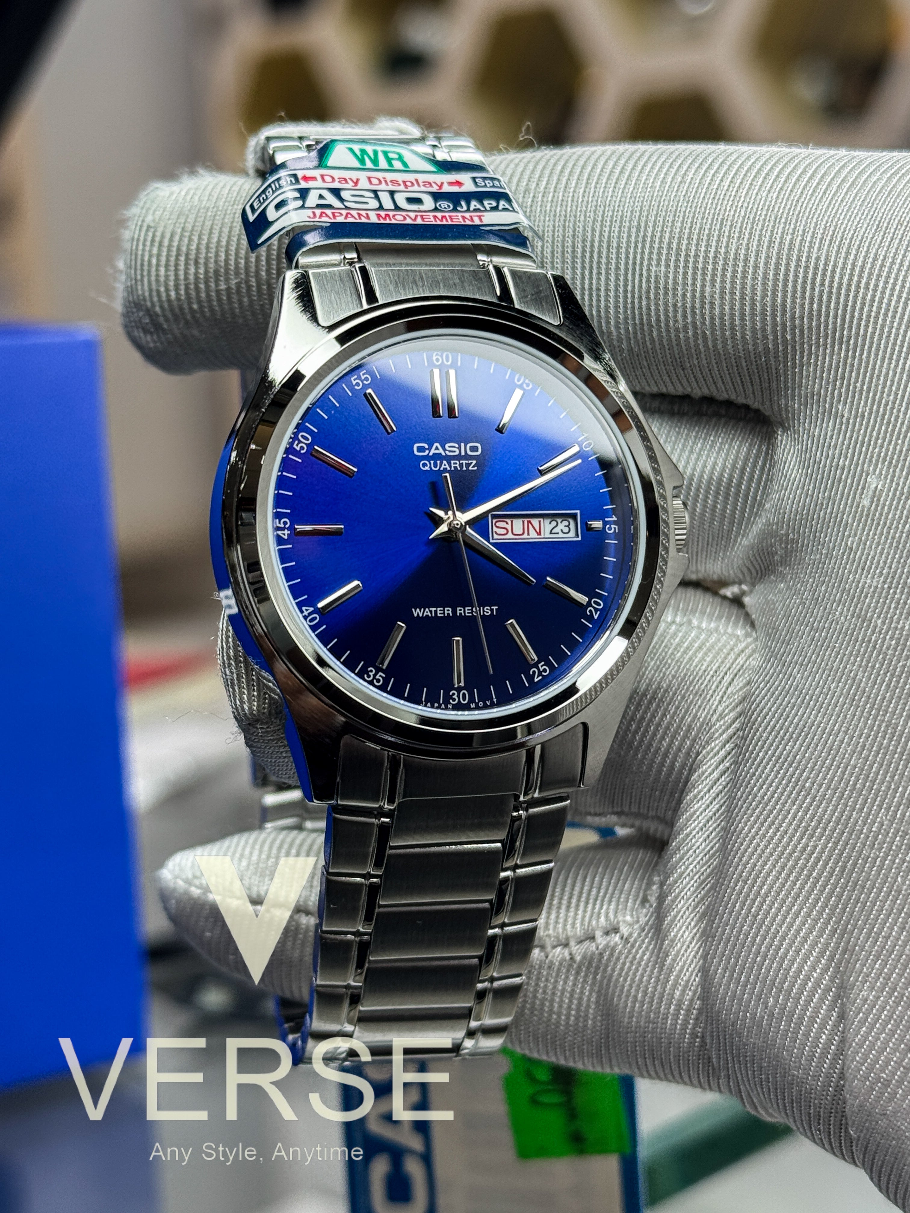 Casio MTP - 1239D - 2A2 Men’s Silver Stainless Steel Watch with Blue Dial| Casio MTP - 1239D - 2A2 - VERSE - 