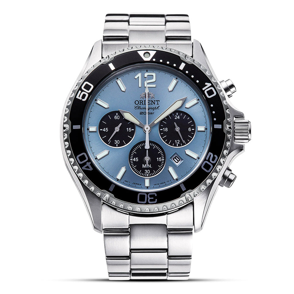Orient Mako Solar Chronograph RA-TX0206L Sky Blue Panda Dial Stainless Steel Men's Watch