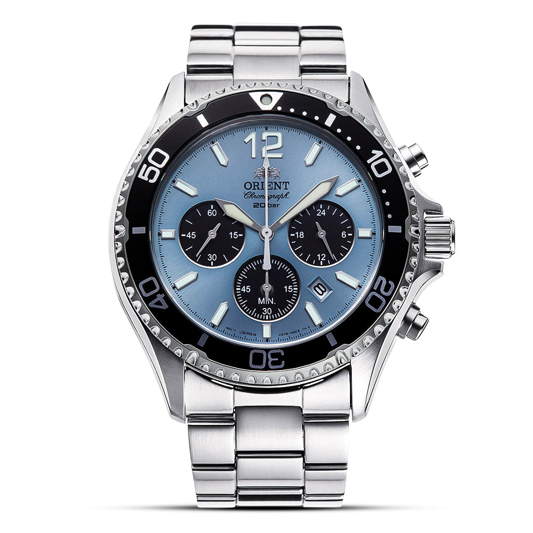 Orient Mako Solar Chronograph RA-TX0206L Sky Blue Panda Dial Stainless Steel Men's Watch