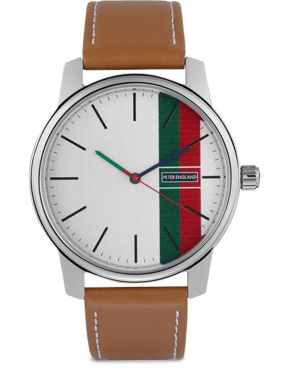 Peter England PE000006A Men’s Analog Watch White & Silver Dial, Tan Leather Strap| Peter England PE000006A - VERSE - 