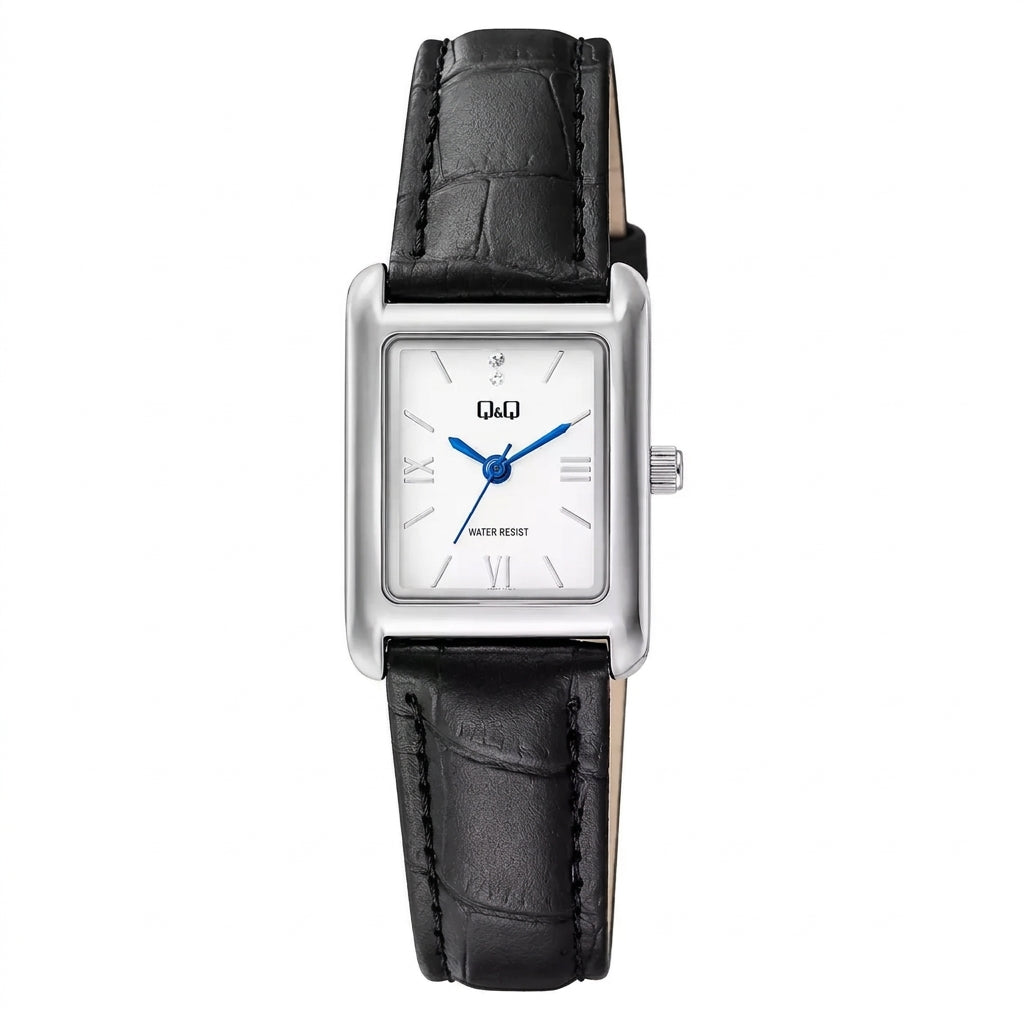 Q&Q C69A-010PY women's rectangular watch with a white Roman numeral dial, silver-tone case, and black synthetic leather strap.