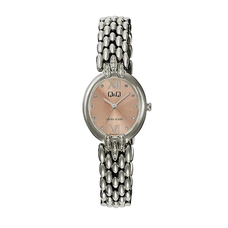 Q&Q F16A-003PY Japan quartz salmon pink mother-of-pearl dial women's watch