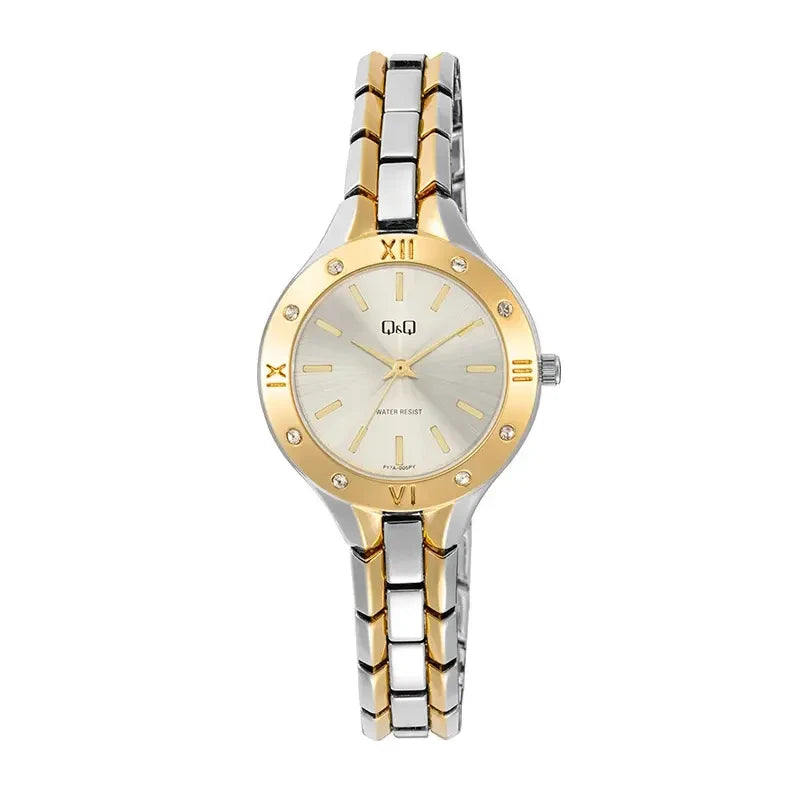 Q&Q F17A-005PY Japan quartz white sunray dial two-tone stainless steel women's watch