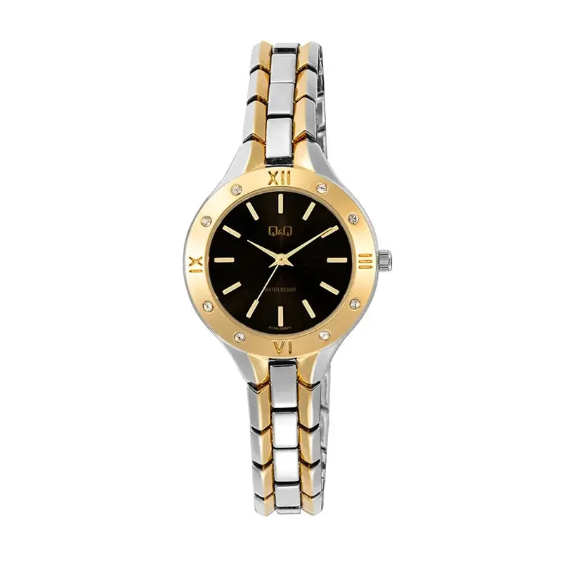Q&Q F17A-006PY Japan quartz jet black dial two-tone stainless steel women's watch
