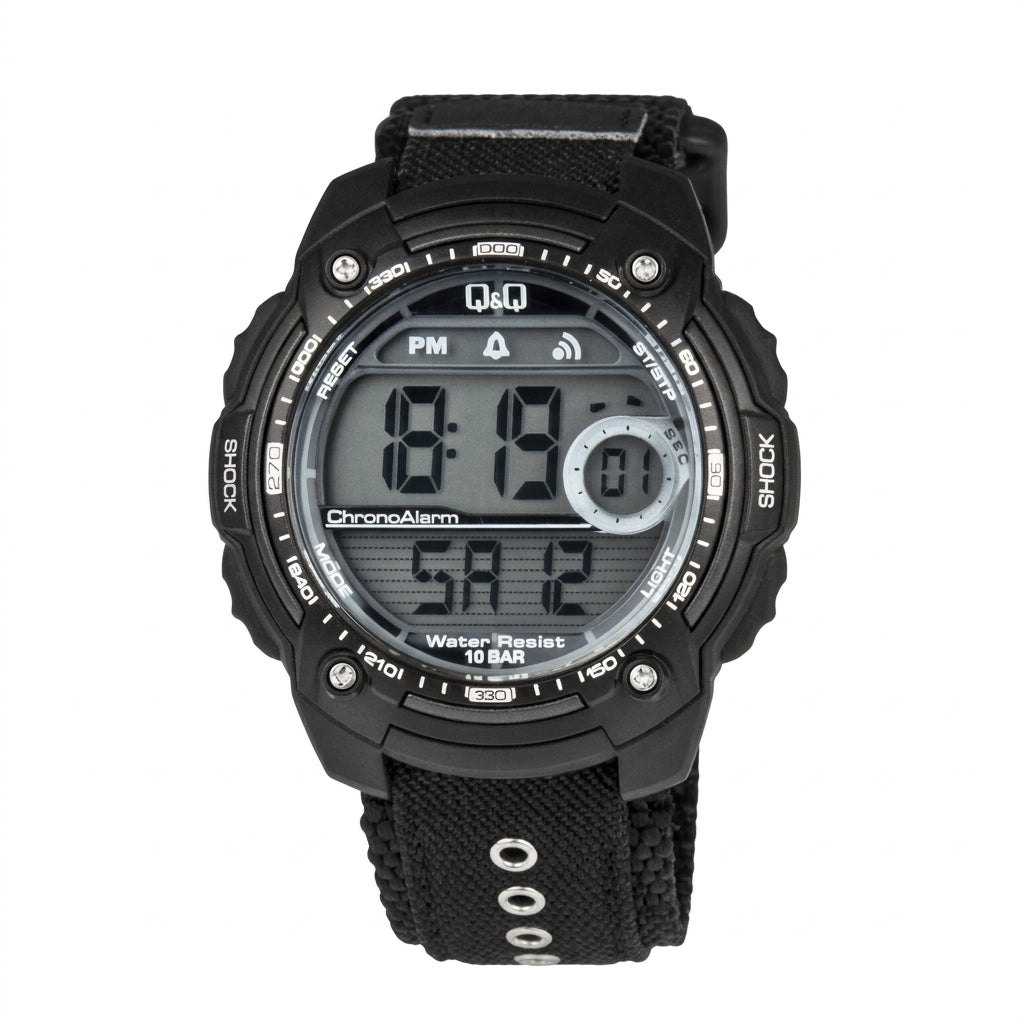 Q&Q M075J003Y black digital sports watch with a resin case, black fabric strap, digital calendar, stopwatch, alarm, EL backlight, and 100-meter water resistance.