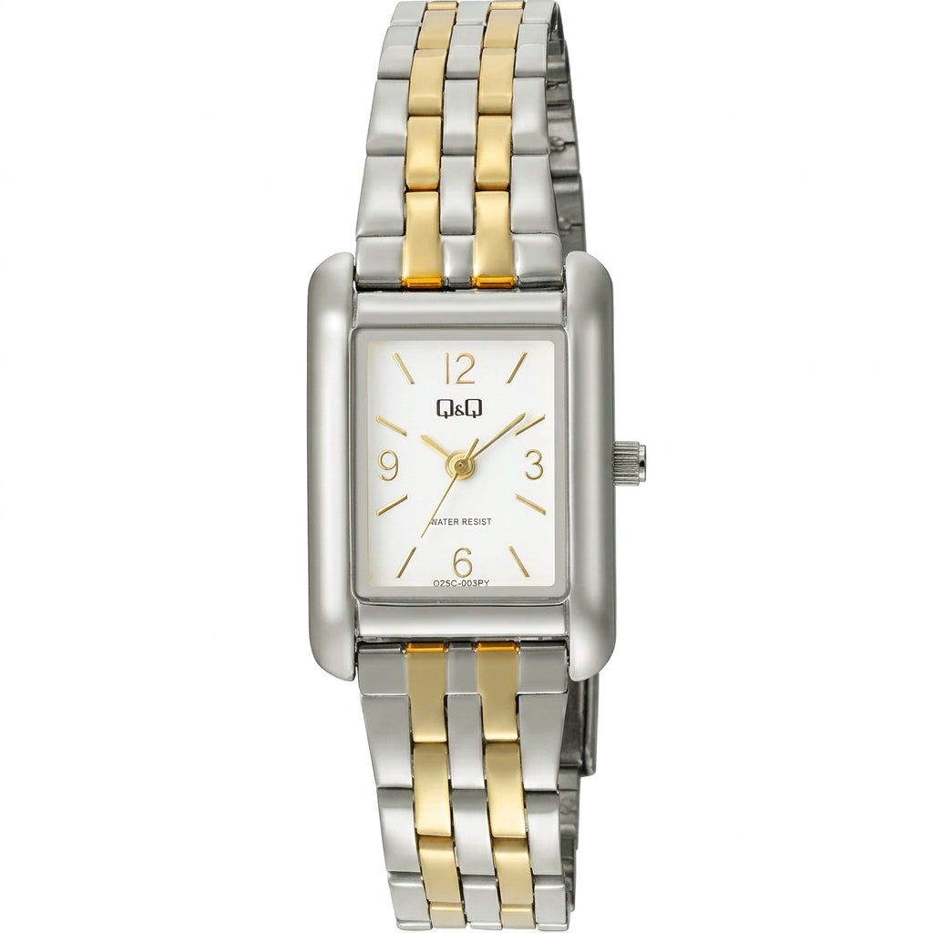 Q&Q Q25C-003PY white dial rectangular silver-tone case two-tone silver and gold metal bracelet women's watch