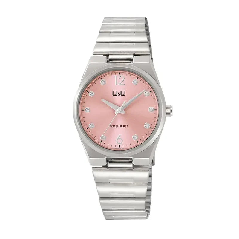 Q&Q Q84B-003PY Japan quartz Sakura pink dial silver stainless steel women's watch