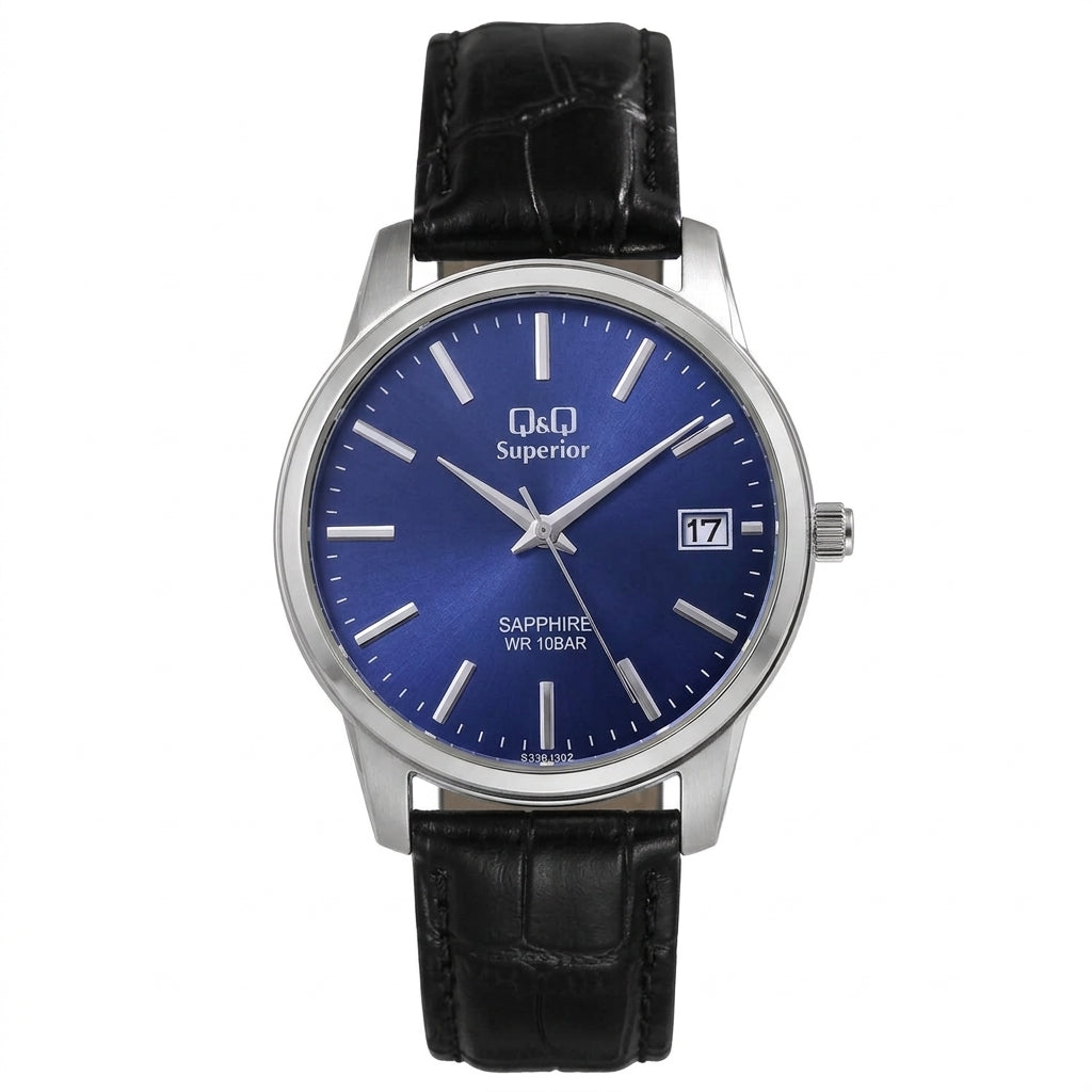 Q&Q Superior S330J302Y men's watch featuring a deep navy blue dial, stainless steel case, black textured leather strap, sapphire crystal, and date display.