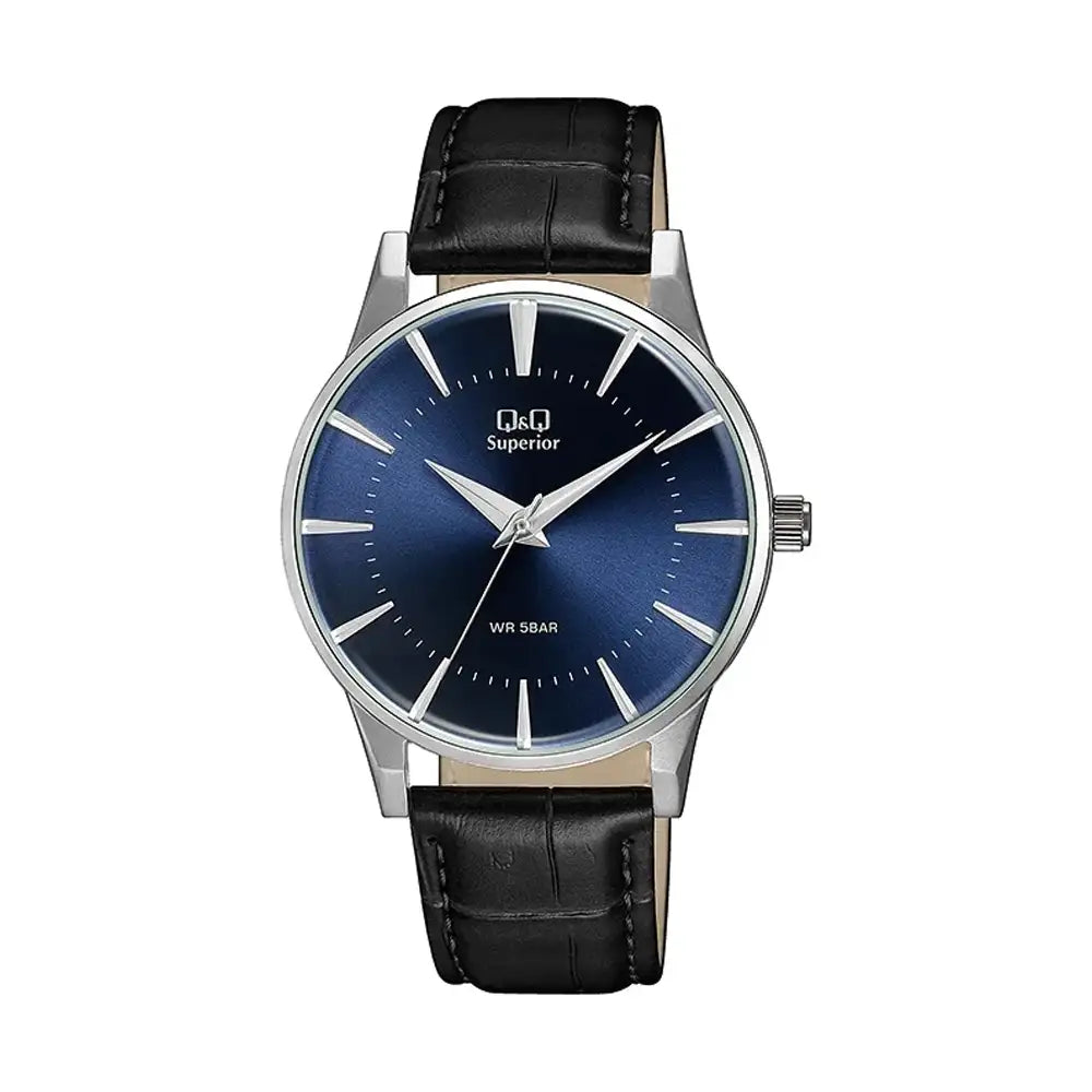 Q&Q Superior S398J302Y men's analog watch with a blue dial, silver-tone round case, black synthetic leather strap, and mineral glass.