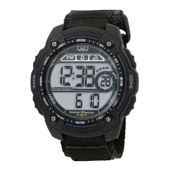 Q&amp;Q M075J004Y black resin digital sports watch with grey LCD display, black resin strap, stopwatch, countdown timer, alarm and EL backlight.